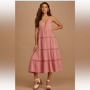 Lulus Favorite Feeling Rose Pink Crochet Lace Tiered Midi Dress